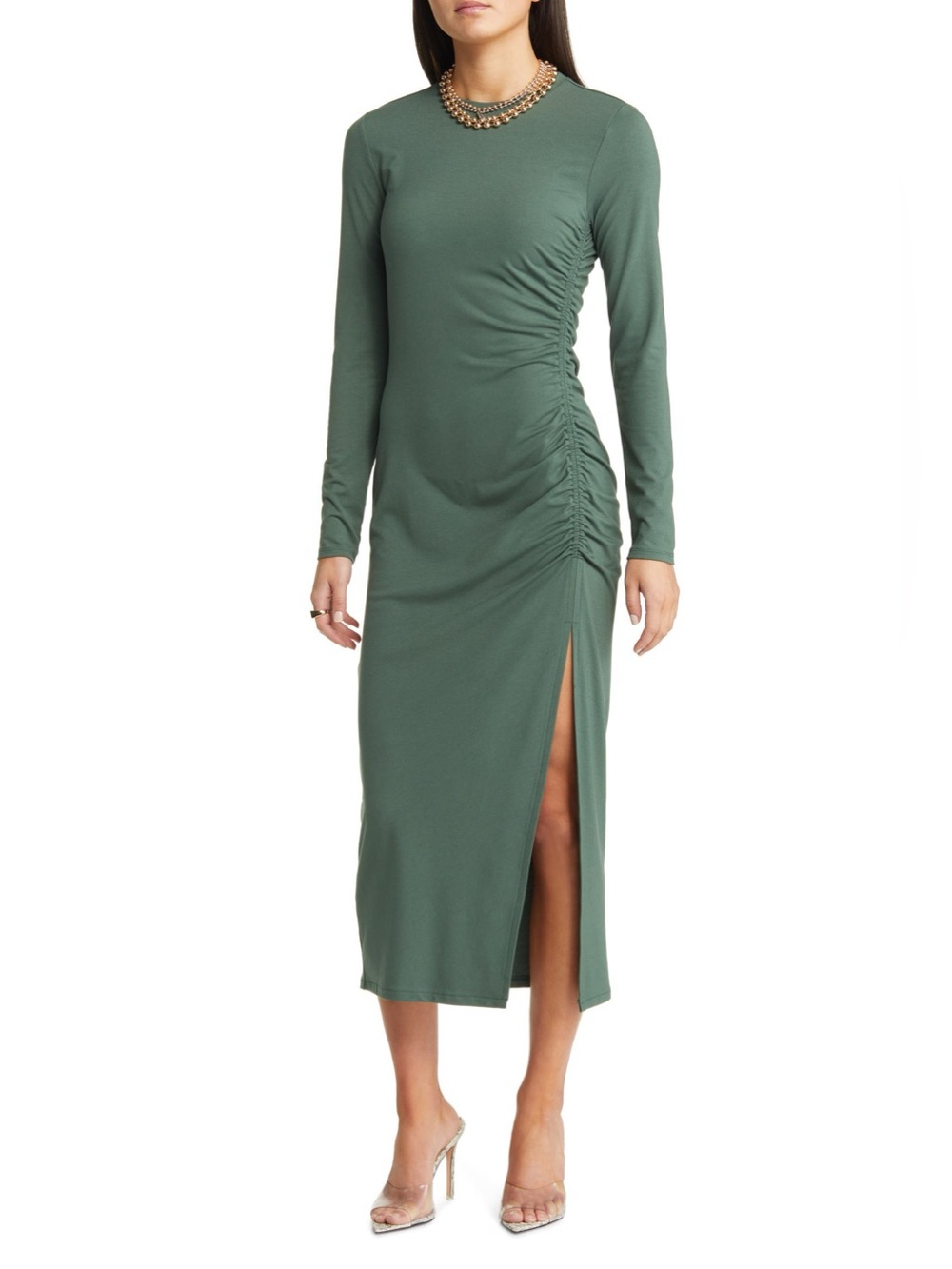 Open Edit GREEN Ruched Long Sleeve Midi Dress Size L Side Slit